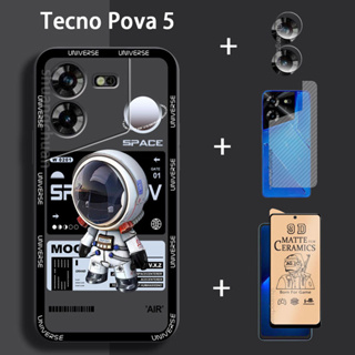 4in1 Tecno Pova 5 เคสโทรศัพท์ ฟิล์มป้องกันเซรามิก + ฟิล์มเลนส์ + ฟิล์มด้านหลัง เคสโทรศัพท์ นักบินอวกาศ วิศวกรรม กันกระแทก TPU นิ่ม