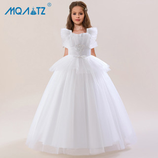 Mqatz ชุดเดรสยาว แขนสั้น ผ้าลูกไม้ สีขาว สไตล์เจ้าหญิง สําหรับเพื่อนเจ้าสาว 5-12Y ALP-0003