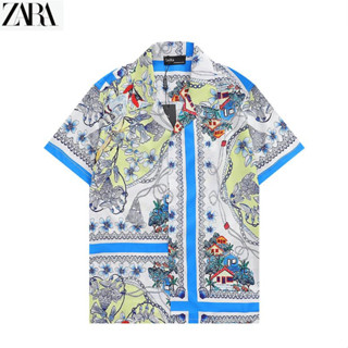 Zara เสื้อเชิ้ตแขนสั้น ผ้าฝ้าย พิมพ์ลาย มีสไตล์ คอปกพับ สําหรับทุกเพศ