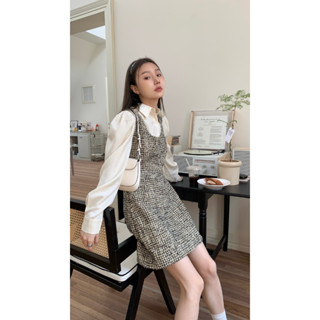 Slim Fit Long Sleeve Chiffon Underlay Shirt+Girls Woven Small Fragrant Strap Dress