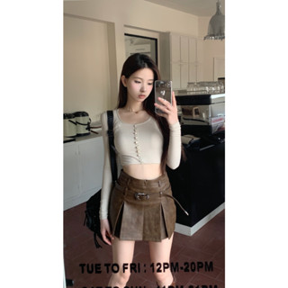 Lace niche design threaded T-shirt retro pleated skirt belt leather skirt