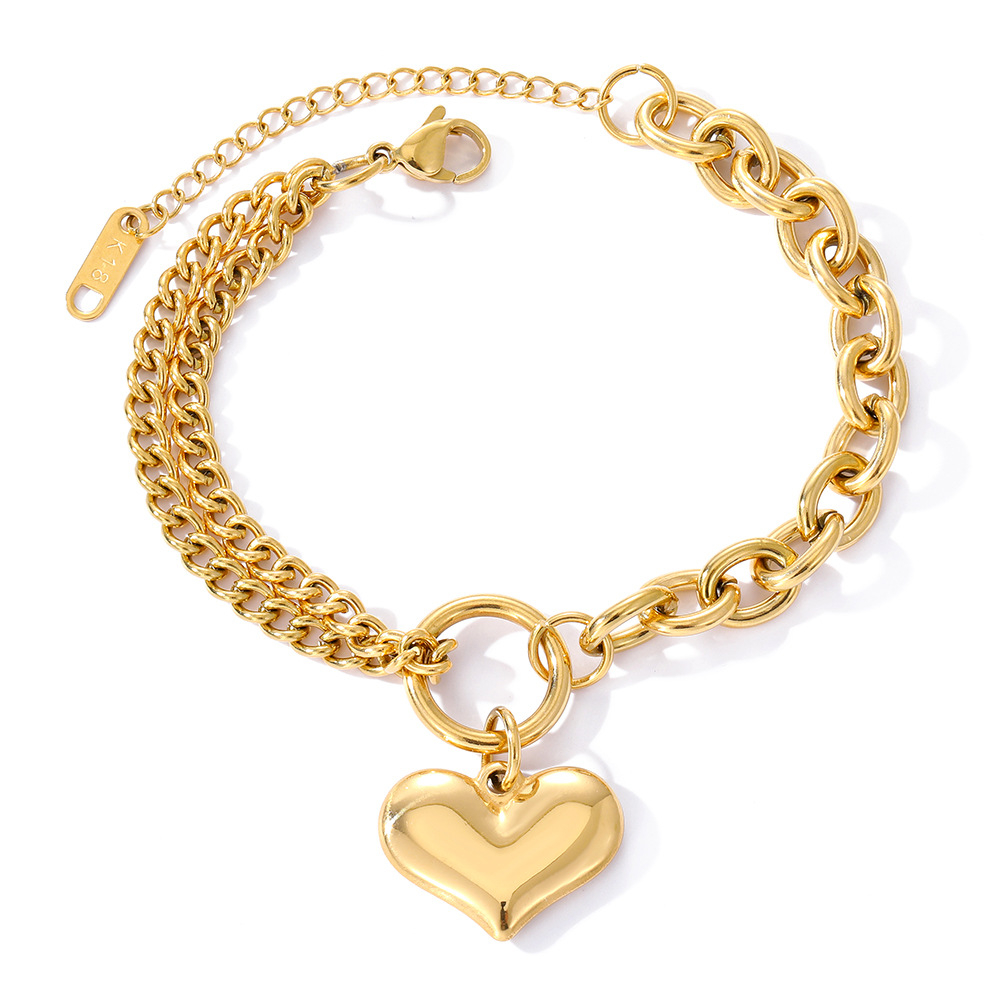 Ht Retro Hip Hop Heart ไทเทเนียมเหล็กสร้อยข้อมือไม่ซีดจางสแตนเลสสร้อยข้อมือโซ่รูปหัวใจคิวบา