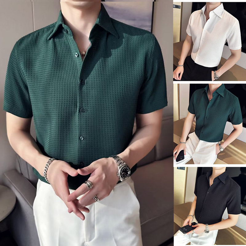 เสื้อเชิ้ตเกาหลี แขนสั้น แฟชั่นผู้ชาย พิมพ์ลายวาฟเฟิล ขนาดใหญ่ เสื้อเชิ้ตคอปกเเขนสั้น สีพื้น ผ้านิ่มใส่สบาย ไซส์ M-3XL