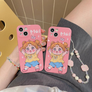 เคสโทรศัพท์มือถือ ป้องกัน ลายการ์ตูนเด็กผู้หญิง สีชมพู และสีขาว พร้อมสายโซ่ลูกปัด สําหรับ Apple iPhone 14Pro max case 13Pro max 12Pro max 14Pro 13Pro 12Pro 11 12 13 14 case