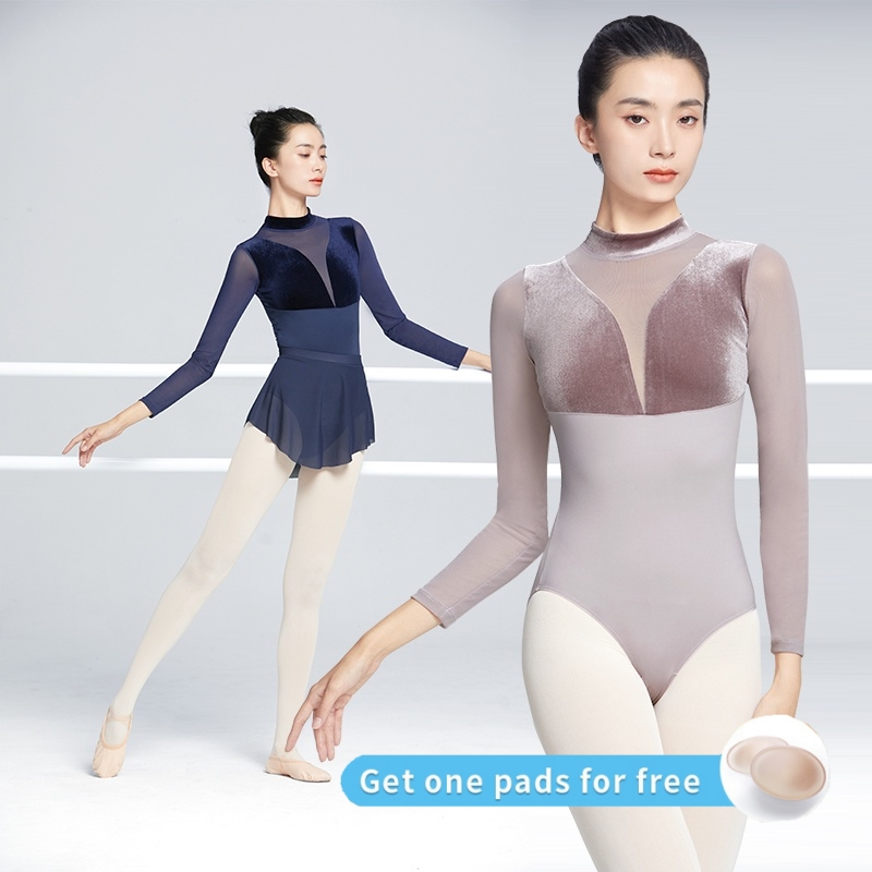 บัลเล่ต์ Leotards สําหรับผู้หญิงกํามะหยี่ Patchwork ตาข่าย Gym Leotards ผู้ใหญ่ Ballerina เสื้อผ้าแขนยาวเต้นรําบอดี้สูท
