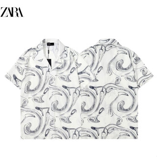 Zara เสื้อเชิ้ตแขนสั้น ผ้าฝ้าย พิมพ์ลาย มีสไตล์ คอปกพับ สําหรับทุกเพศ