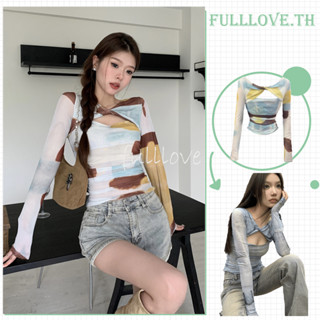 Fulllove  เสื้อซีทรูแขนยาว ลายหินอ่อนสีฟ้า ผ้าร่องเว้าหน้าอกY2Kcrop top