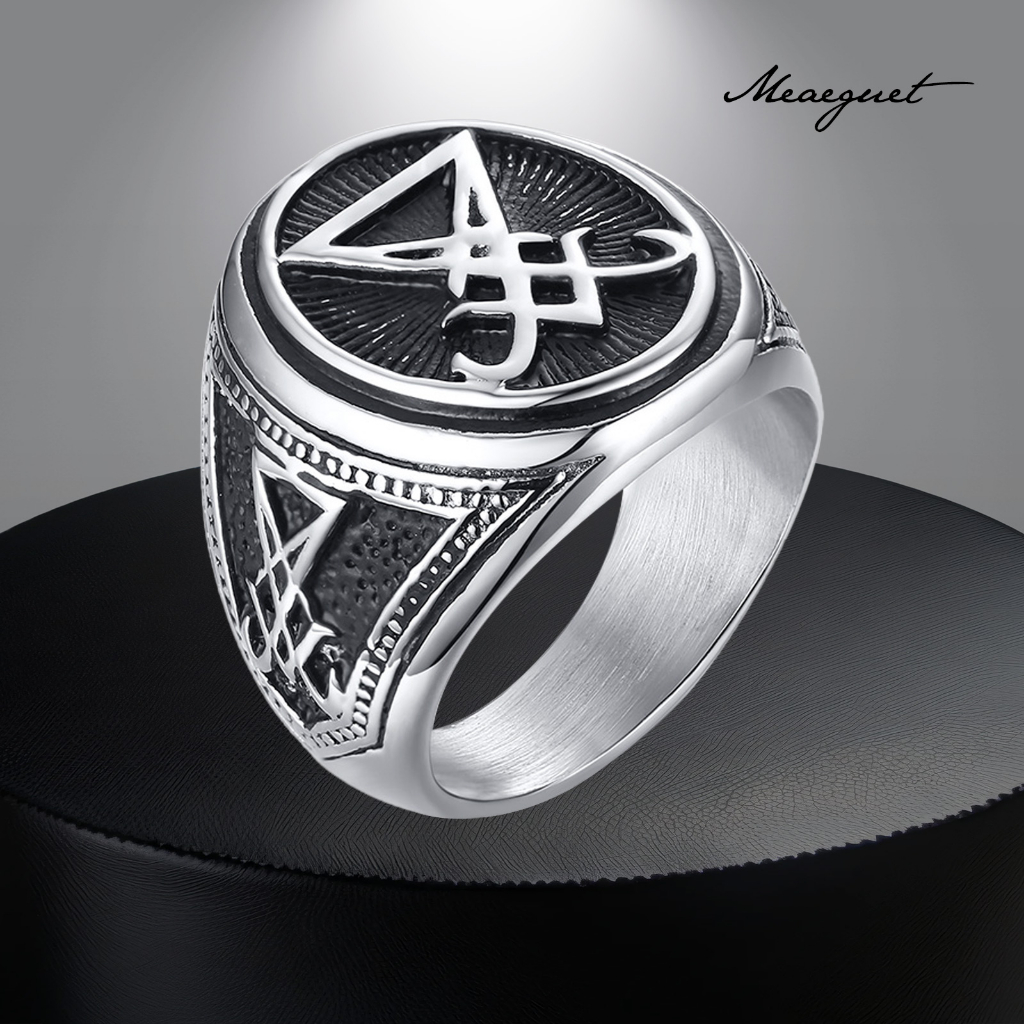 ผู้ชาย Sigil of Lucifer Devil Seal of Satan แสตมป์แหวนผู้ชายหล่อสแตนเลส Punk Signet แหวนแหวนเครื่องประดับ