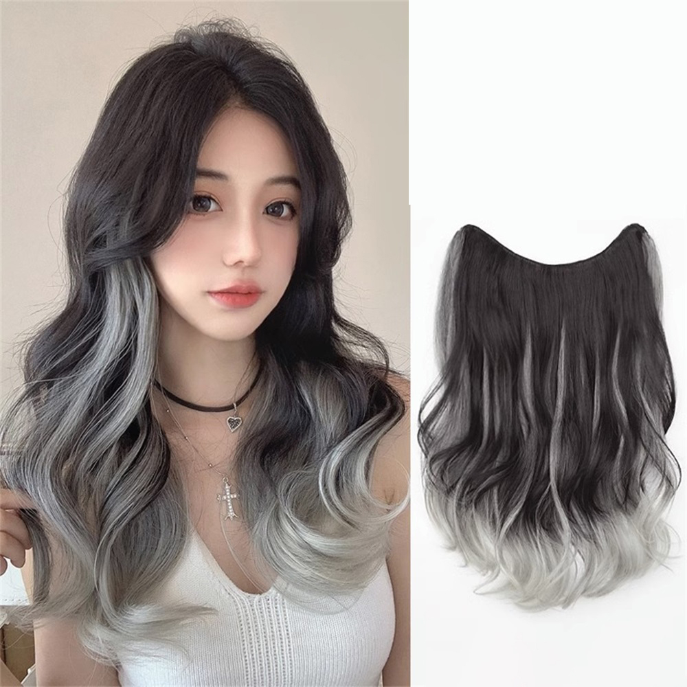 แฮร์พีชผมลอน วิกผม ลอนไฮไลท์ ยาว50cm สีชมพู/เทา ไหมนิ่ม ใส่ง่าย สะดวก