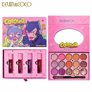 Kevin&amp;coco พาเลทอายแชโดว์ 15 สี + ลิปสติก มีประสิทธิภาพสูง เนื้อไหม. กันน้ํา ติดทนนาน