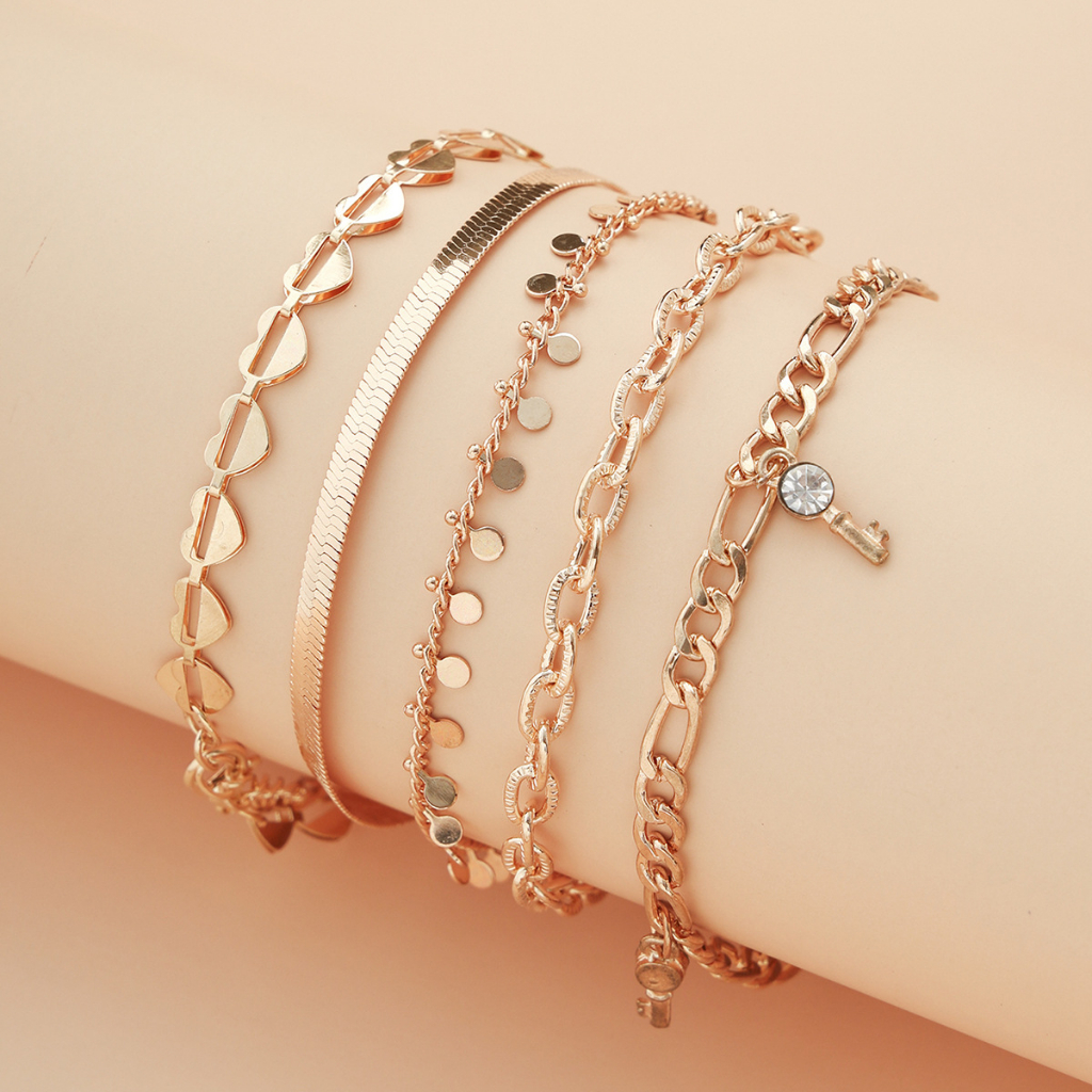 Gold Silver Anklets สําหรับผู้หญิงหัวใจ Stackable ข้อเท้าสร้อยข้อมือ Layered Anklets ปรับ Key Anklet