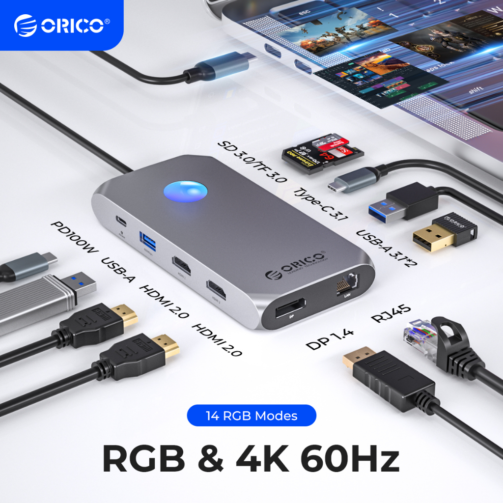 Orico RGB USB C Docking Station 4K60Hz Dual HDMI เข้ากันได้กับ VGA DP Ethernet 100W PD Hub SD/TF 3.5