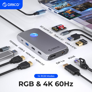 Orico ฮับ USB C RGB พร้อม HDMI คู่ 4K60Hz VGA DP อีเธอร์เน็ต 100W PD SD TF usb c hub 2 hdmi For Macbook Pro