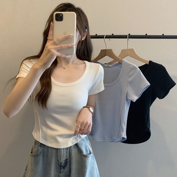 【WJZ】เสื้อยืดคอกลมแขนสั้นสีพื้นสไตล์เกาหลีแฟชั่นสำหรับผู้หญิง【9992】