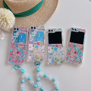 สําหรับ Samsung Galaxy Z Flip 5 4 3 Z Flip5 เคส ดอกไม้น่ารัก โซ่ สร้อยข้อมือ นิ่ม ใส TPU เคสป้องกัน