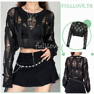 Fulllove เสื้อไหมพรมแบบถัก แขนยาวระบายรูๆเสื้อทรงครอปเก๋ๆ y2k crop top