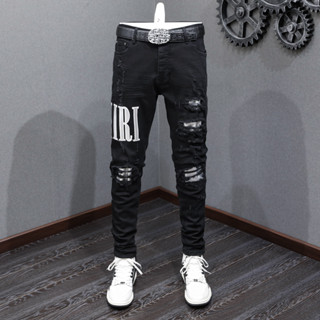 TRENDAMIRI Street Fashion Men Jeans Black Vintage Tight White Patch Printed Button Design High Quality Trendy Men Denim Pants