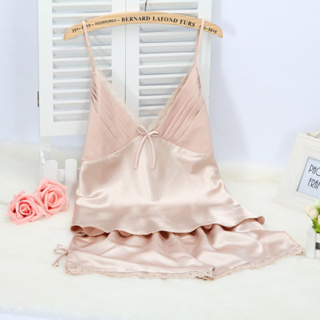 พลัสขนาดผู้หญิงชุดนอนน้ำแข็งผ้าไหมฟั่น + กางเกงขาสั้นชุดนอนส…