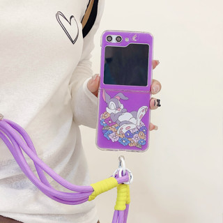 เคสโทรศัพท์มือถือแบบแข็ง บางมาก ลายการ์ตูนสีม่วง พร้อมสายคล้อง สําหรับ Samsung Galaxy Z FLIP 5 4 3 FLIP3 FLIP4 flip5