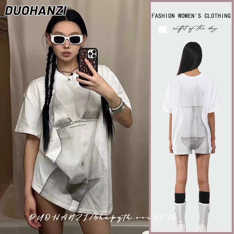 Duohanzi เสื้อยืด แขนสั้น ผ้าฝ้าย พิมพ์ลาย ทรงหลวม แฟชั่นสําหรับผู้หญิง