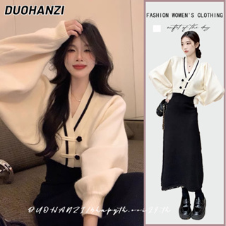 Duohanzi เสื้อคาร์ดิแกนกันหนาว คอวี ทรงหลวม สไตล์จีน สําหรับผู้หญิง