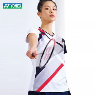 Yonex เสื้อกีฬาแบดมินตัน แขนสั้น แห้งเร็ว ลายทาง สีตัดกัน สําหรับผู้ชายและผู้หญิง