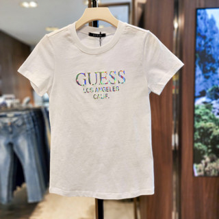 Guess ใหม่ เสื้อยืดคอกลม แขนสั้น ผ้าฝ้ายแท้ ขนาดเล็ก สไตล์สปอร์ต สําหรับผู้หญิง