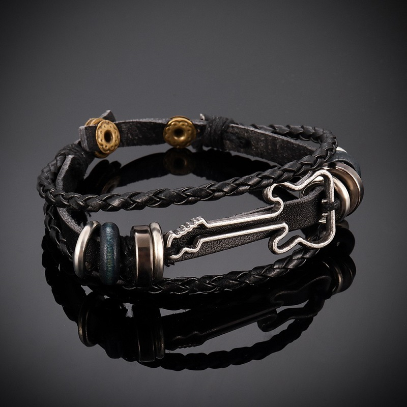 Rock Star สร้อยข้อมือสแตนเลสเพลงหมายเหตุลูกปัด Punk สายหนัง Unisex