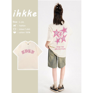 ihkke เสื้อยืดแขนสั้น เสื้อ oversize ผ้าฝ้าย เปิดไหล่ สีแอปริคอท แฟชั่นฤดูร้อน