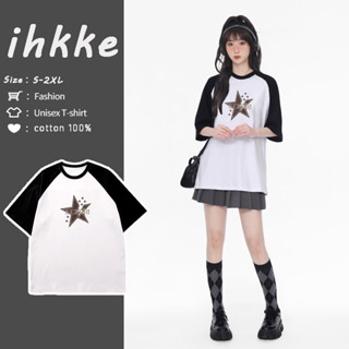 ihkke เสื้อยืดแขนสั้น พิมพ์ลาย เสื้อ oversize สีดํา และสีขาว สไตล์วินเทจ อเมริกัน แฟชั่นฤดูร้อน