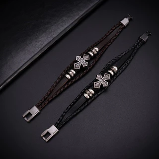 [Z H Jewelry] วินเทจ ร็อค ไขว้ ศาสนา สร้อยข้อมือหนัง ผู้ชายและผู้หญิง แฟชั่น สเตนเลส หลายชั้น ลูกปัด PU สร้อยข้อมือ พังก์ ปาร์ตี้ เครื่องประดับ อุปกรณ์เสริม