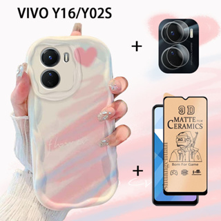 3in1 VIVO Y16 เคสและฟิล์มกันรอยหน้าจอ แฟชั่น ไล่ระดับ ขอบหยัก TPU นิ่ม เคสป้องกัน VIVO Y02s เคสโทรศัพท์ + ฟิล์มเซรามิค นิ่ม + ฟิล์มเลนส์กล้อง