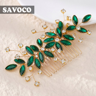 SAVOCO กิ๊บติดผมเจ้าหญิงดอกไม้สีเขียวหวีผม Rhinestone เครื่องประดับผมแฟชั่นสำหรับเจ้าสาว SC028