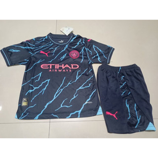 เสื้อกีฬาแขนสั้น ลายทีมชาติฟุตบอล Manchester City 2023 2024 ชุดเยือน สําหรับเด็ก