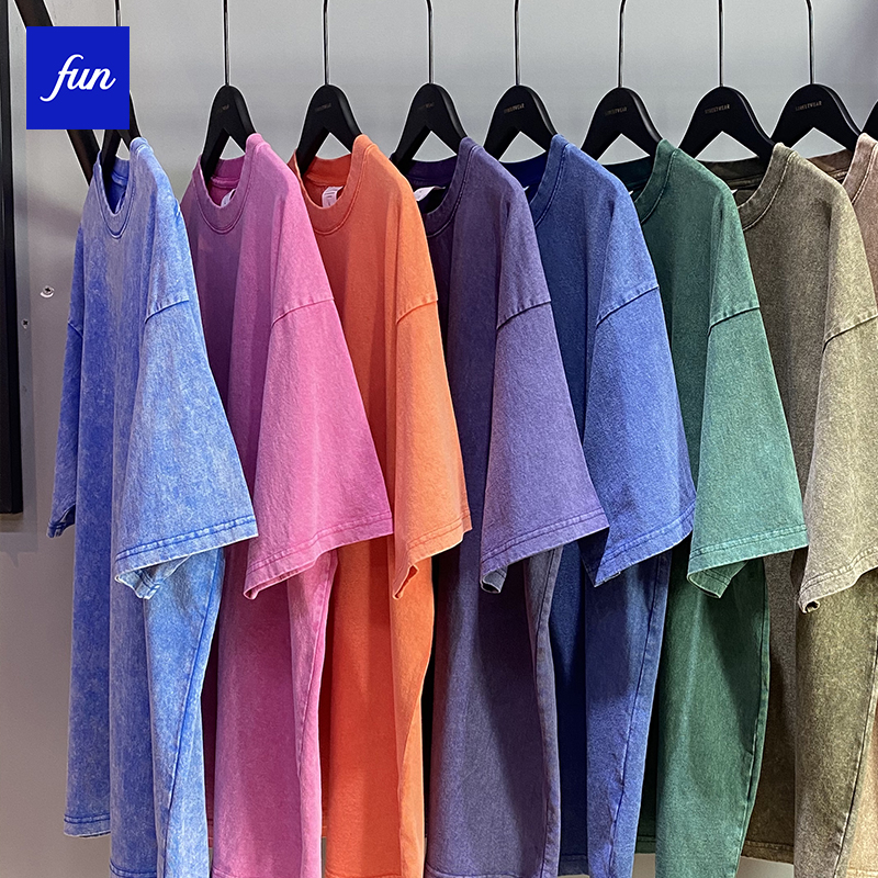 เสื้อยืดบูติก 270กรัม สินค้าใหม่ทอดเกล็ดหิมะบาติกล้างผ้าฝ้ายแท้ขนาดใหญ่เกินไปหลวมเยาวชนยุโรปอเมริกันยอดนิยมถนนสูงย้อนยุคถนนสวมเสื้อยืดแขนสั้น