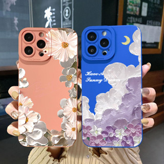 เคสป้องกันโทรศัพท์มือถือ ขอบสี่เหลี่ยม ลายดอกไม้ ก้อนเมฆ ดวงจันทร์ สําหรับ iPhone 14 Plus 13 Pro Max 12 iPhone 11 XR 8 7 SE 2022