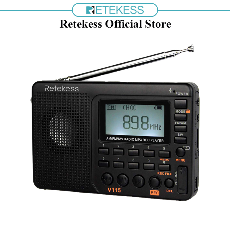 Retekess V115 ลำโพงพกพา AM FM เครื่องเล่นวิทยุ MP3 รองรับการ์ด Micro SD TF คลื่นสั้น ตั้งเวลาปิดได้