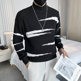 เสื้อกันหนาวแขนยาว คอเต่า เข้ารูป ลายทาง สไตล์เกาหลี สําหรับผู้ชาย X0585