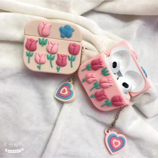 เคสหูฟัง ลายดอกไม้น่ารัก กันน้ํา กันลื่น พร้อมสายโซ่คล้อง สําหรับ AirPods 1 2 Pro Pro 2 3