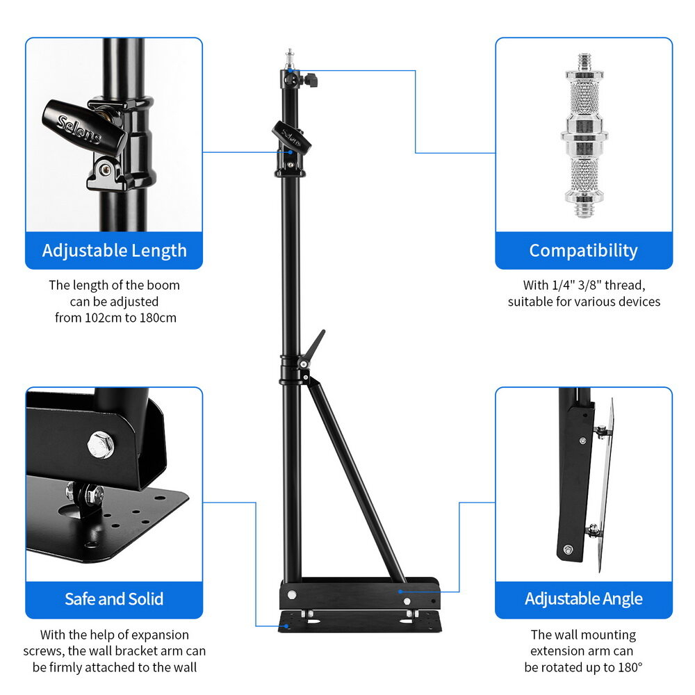 Light Boom แขนสามเหลี่ยมติดผนัง 102-180 ซม. พร้อมฐานสามเหลี่ยม สําหรับถ่ายภาพสตูดิโอ วิดีโอแฟลช Softbox ร่มสะท้อนแสง