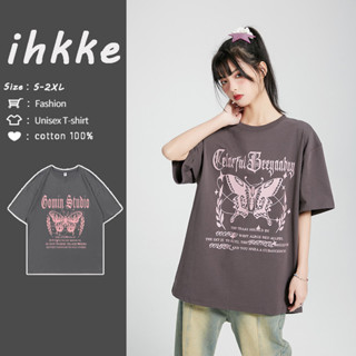 ihkke เสื้อยืดแขนสั้น เสื้อ oversize เปิดไหล่ สีเทา ทรงหลวม หรูหรา สไตล์อเมริกัน เหมาะกับฤดูร้อน สําหรับผู้หญิง