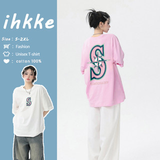 ihkke เสื้อยืดแขนสั้น เปิดไหล่ เสื้อ oversize สีชมพู สไตล์อเมริกัน เหมาะกับฤดูร้อน สําหรับผู้หญิง