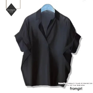 เสื้อเชิ้ตแขนสั้น คอตุ๊กตา ลายสก๊อต สีดํา และสีขาว สไตล์คลาสสิก