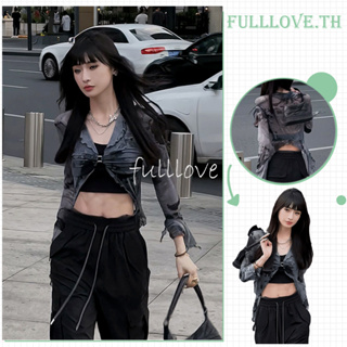 Fulllove เสื้อCroptopผ้าชีฟองซีทรูแขนยาว แต่งระบาย แบบผูกเชือก สไตล์ฤดูร้อนสำหรับผู้หญิงY2k