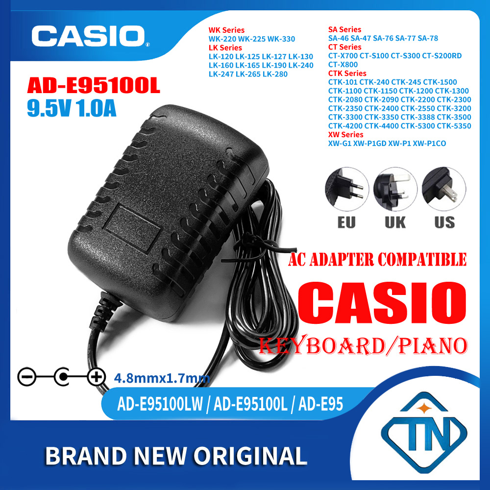 อะแดปเตอร์แหล่งจ่ายไฟ 9.5V 1A AD-E95100L สำหรับ Casio CTK-1100 1150 1200 1300 2500 2550 แป้นพิมพ์เครื่องชาร์จผนังเปียโนอิเล็กทรอนิกส์