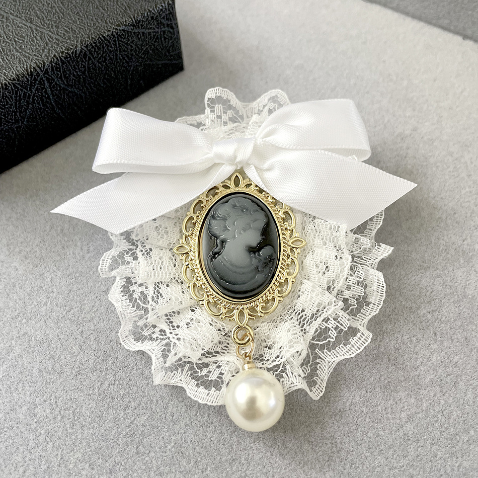 ผู้หญิง Vintage Court Handmade Pearl Classtic ผ้าลูกไม้โบว์เข็มกลัด Pin แฟชั่น Jewelary - รูปที่ 5