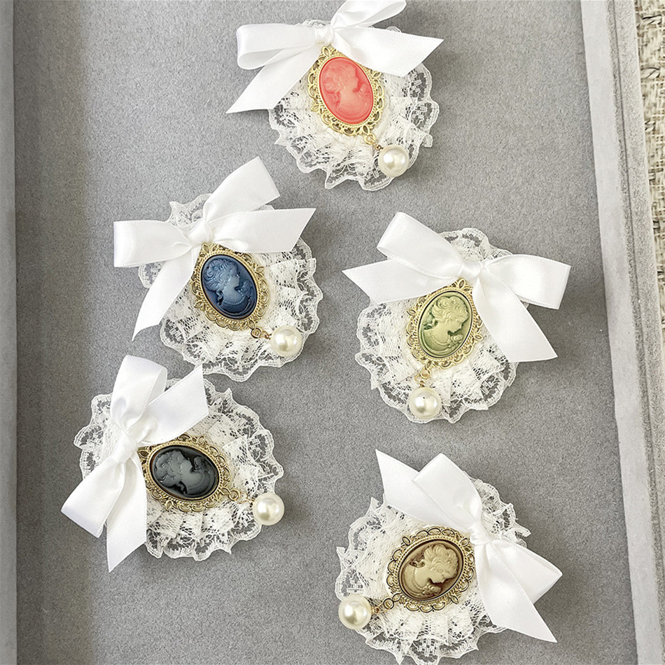 ผู้หญิง Vintage Court Handmade Pearl Classtic ผ้าลูกไม้โบว์เข็มกลัด Pin แฟชั่น Jewelary