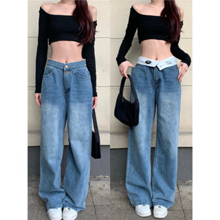 Waist turned out design, straight leg jeans, womens loose and slim wide leg pants