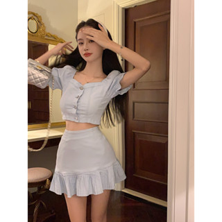 Sweet and Spicy Fashion Set Square Neck Single breasted Top High Waist Half Skirt Two Pieces