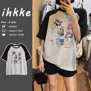 ihkke เสื้อยืดแขนสั้น พิมพ์ลาย raglan แฟชั่นฤดูร้อน สไตล์อเมริกัน สําหรับผู้หญิง